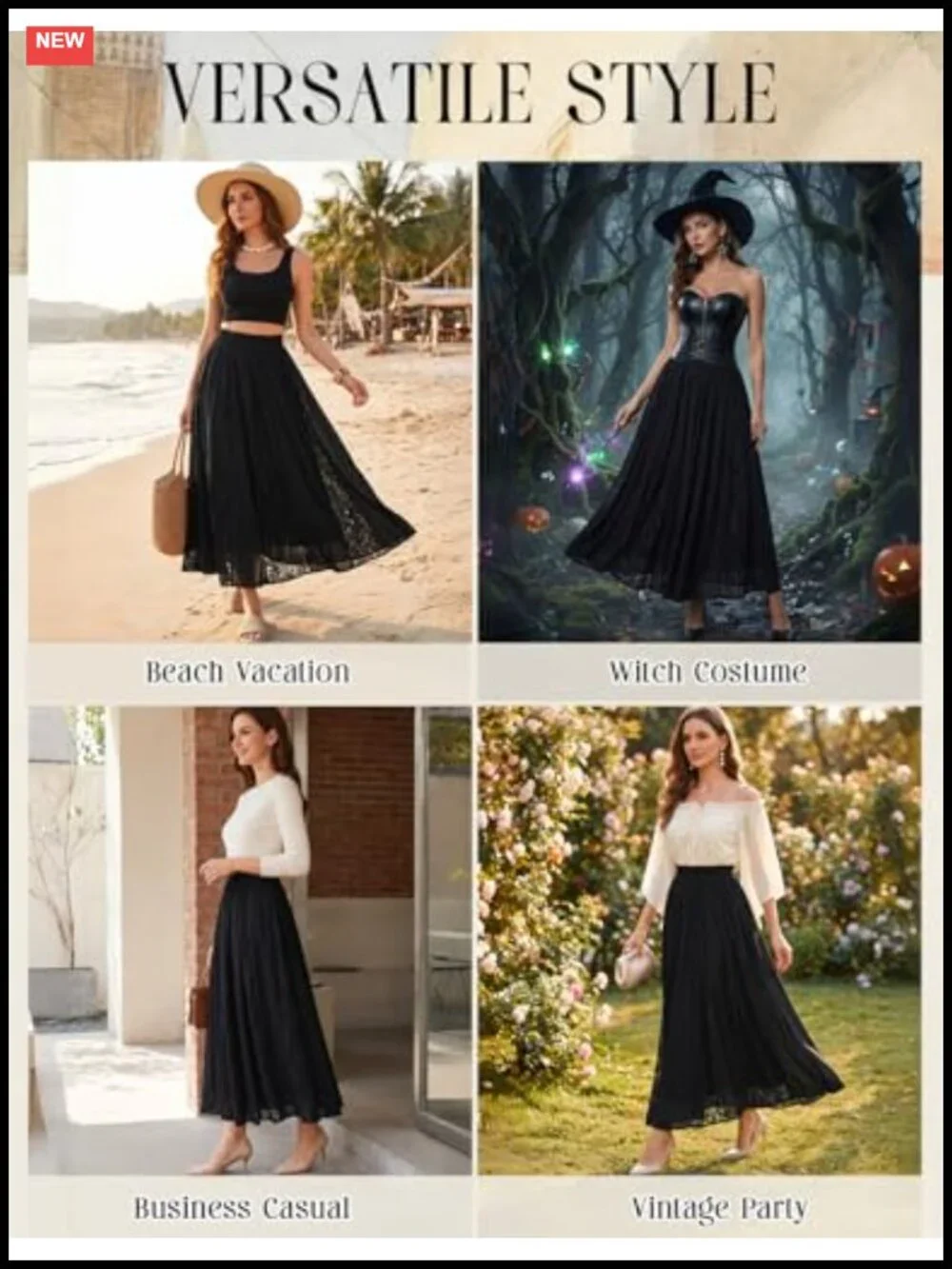 Women's Lace Maxi Skirt Flowy A-Line High Waist with Pockets Renaissance